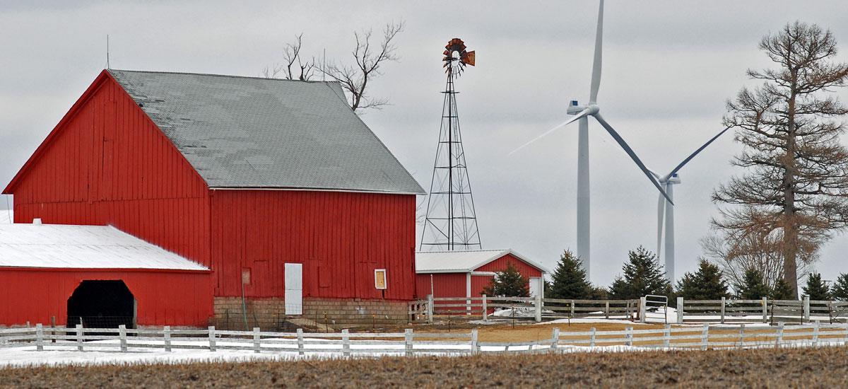 wind turbines and red barn in illinois